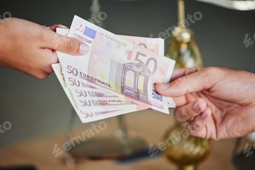 Preview: Money, hands and business people with a bribe for justice, legal work and payment for consultation.