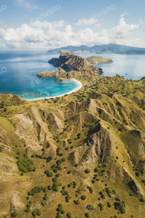 Preview: Aerial vertical view of Padar island in Komodo National Park, Indonesia. Drone shot, top view. Mount