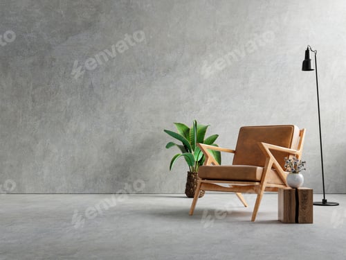 Preview: Living room interior in loft apartment with armchair,concrete wall.