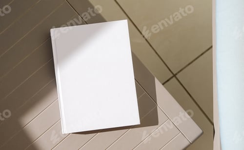 Preview: empty book mockup on plastic table tile floor in the room, shadow overlay