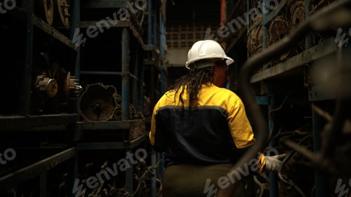 Preview: Female engineers wearing safety helmet gear inspecting car parts inventory