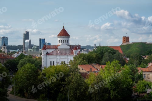 Preview: Orthodox Cathedral of the Theotokos with Gediminas Castle Tower on background - Vilnius, Lithuania