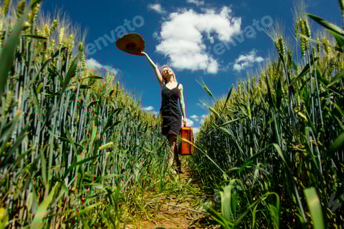 Visualização: Linda garota loira com mala no campo de trigo em dia ensolarado