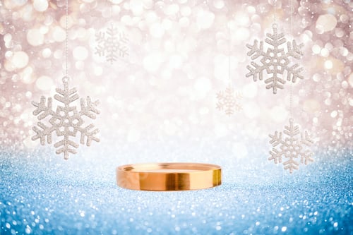 Preview: Festive abstract scene with golden stand and snowy decoration
