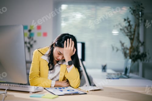 Preview: Young manager suffering from headache while analyzing financial reports in modern office