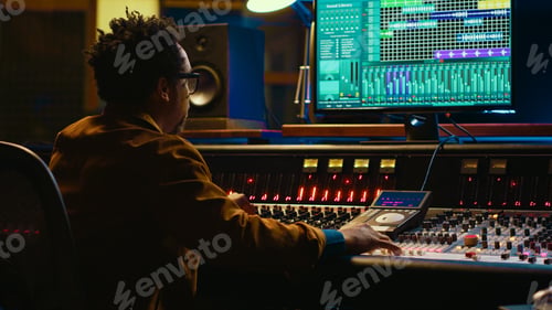 Preview: African american sound expert operates on audio console with moving faders