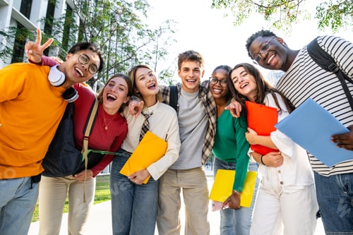 Preview: Smiling Students Gather with Notebooks on University Campus