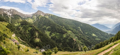Preview: Buildings in tree lined valley, Meran, South Tyrol, Italy