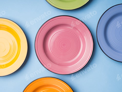 Preview: Colorful ceramic dishes. Flat lay