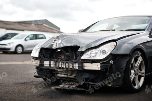 Preview: Detail Of Car Damaged In Motor Vehicle Accident Parked In Garage Repair Shop