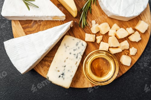 Preview: Delicious cheese platter with honey and rosemary on wooden board