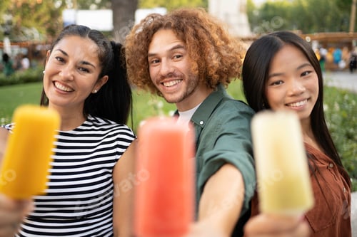 Preview: Happy young multi-ethnic friends showing colorful blurred ice cream bars in a park during summer