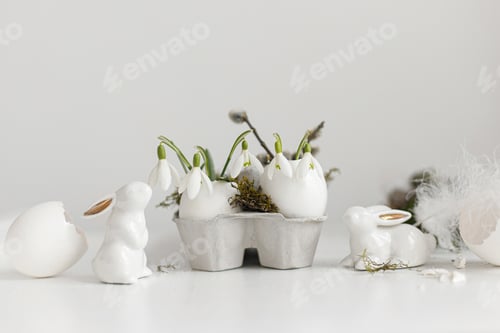 Preview: Easter rustic still life. Easter egg shells with snowdrops, bunny, feathers, nest on table