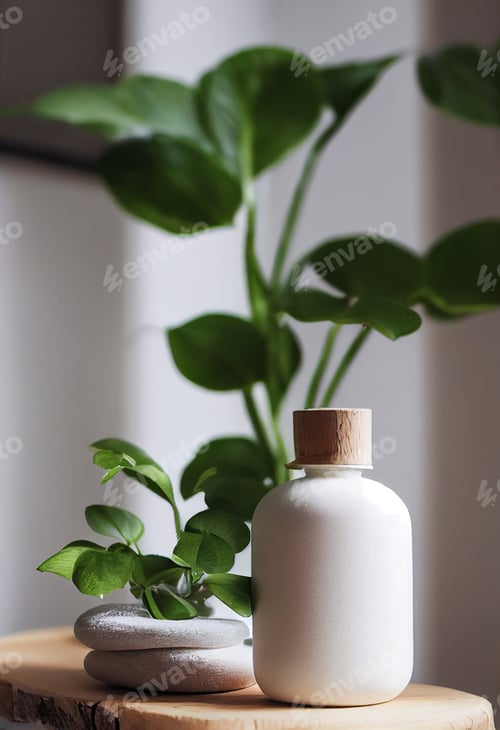 Preview: Relax composition massage stone, white pump lotion bottle,green plant on pine wood table, spa, clean