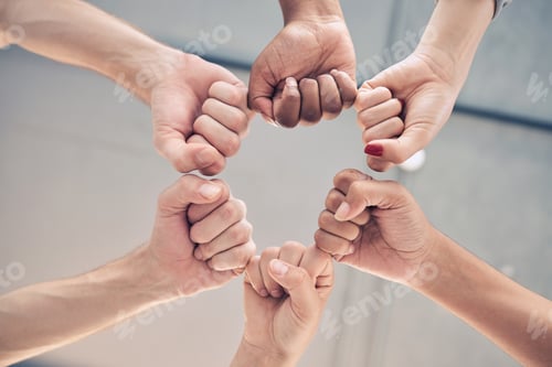 Preview: Motivation, teamwork group or collaboration fist bump for trust, goal and success support below. Zo