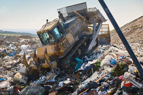 Preview: Heavy machinery shredding garbage in an open air landfill. Pollution