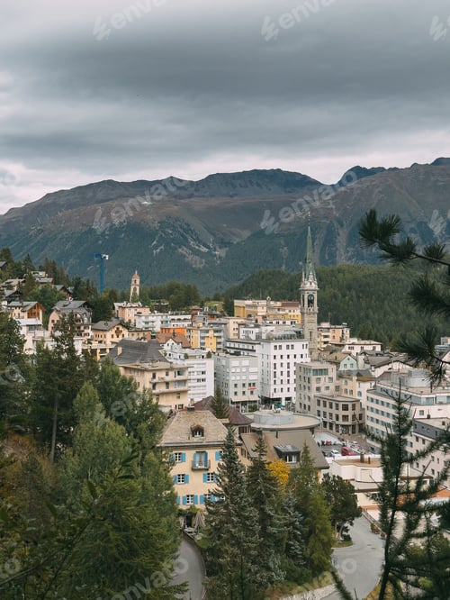 Preview: St. Moritz town cityscape with alpine mountains