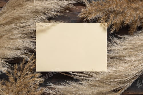 Preview: Blank paper card near dried pampas grass on brown wood top view. Boho mockup