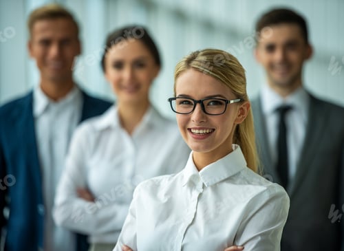 Preview: Smiling businesswoman with team behind.