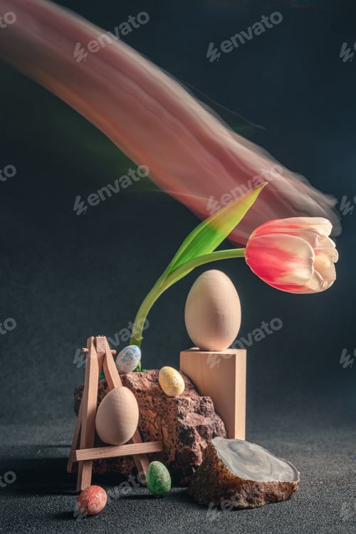 Preview: concept spring. freakebana. red-white tulip and Easter eggs. easter concept.