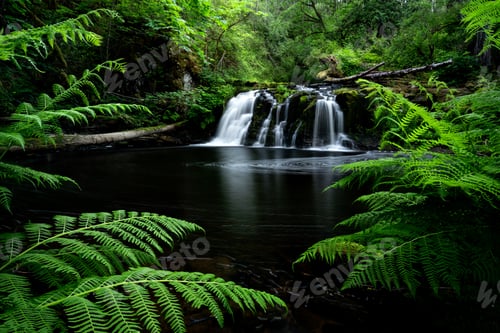 Vorschau: Triple Falls, umgeben von viel Grün im Sonnenlicht in Parksville, Vancouver, Kanada
