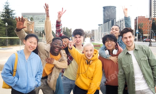 Preview: Group of smiling diverse young friends having fun in the city. Millennial Friends