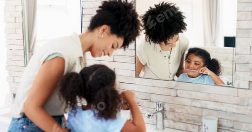 Preview: Girl, mom and child brushing teeth for hygiene, morning routine or teaching healthy oral habits in