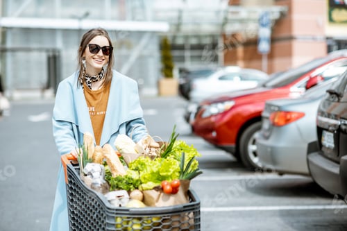 Preview: Woman with shopping cart full of food outdooors