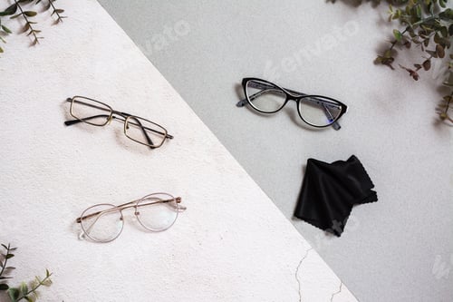 Preview: Several types of eyeglasses and a cleaning cloth on a two-tone background.