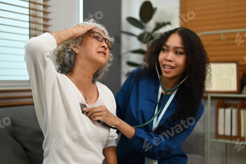 Preview: Positive female health visitor examining senior female patient during home care visit.