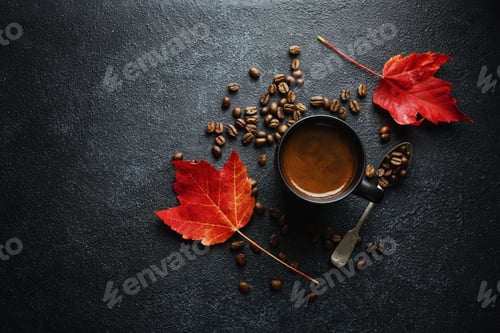 Preview: Coffee Cup with Red Maple Leaves on Dark Background