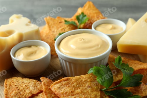 Preview: Concept of snack with chips and cheese sauce, close up