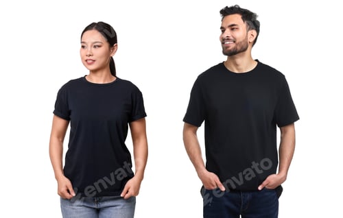 Preview: Woman and man wearing black t-shirts on white background, collage of photos
