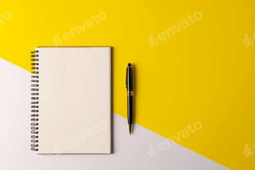 Preview: Image of notebook with copy space and pencil on yellow and white surface