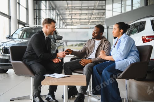 Preview: Car salesman giving keys to african american couple in dealership