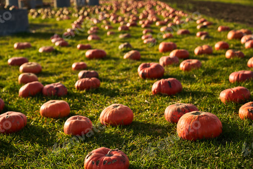 Preview: Ripe pumpkins in pumpkin patch at sunny day.