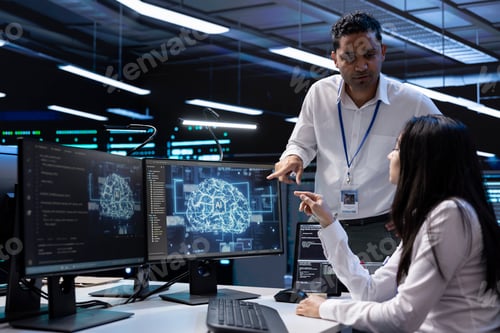Preview: Coworkers doing brainstorming, solving tasks in AI server hub