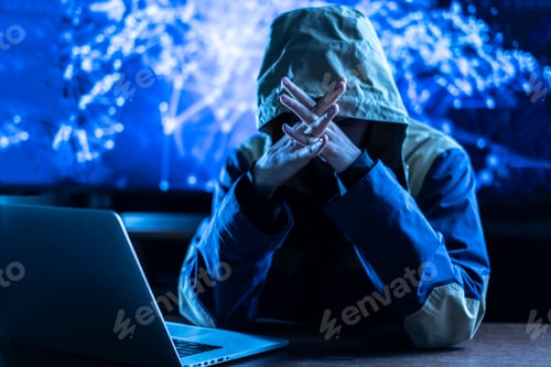 Preview: the anonymous hacker braking the personal online data in his office, dark blue, deep web