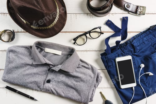 Preview: Flat lay of men casual fashion outfits on wooden background