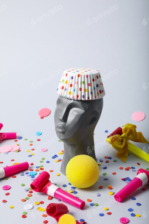 Preview: Happy birthday concept with ancient head on white background