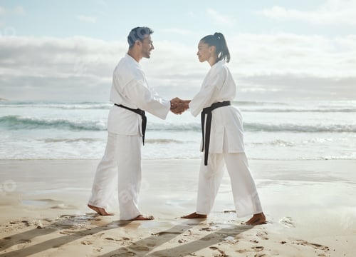 Preview: Great work today. Full length shot of two young martial artists practicing karate on the beach.