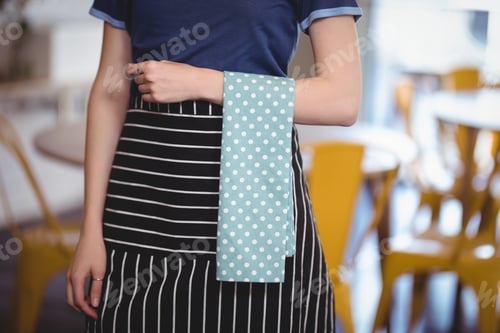 Preview: Midsection of young waitress with turquoise napkin at coffee shop