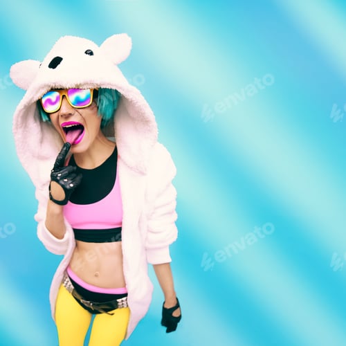 Preview: Crazy party girl in hoodie bear on a blue background. positives