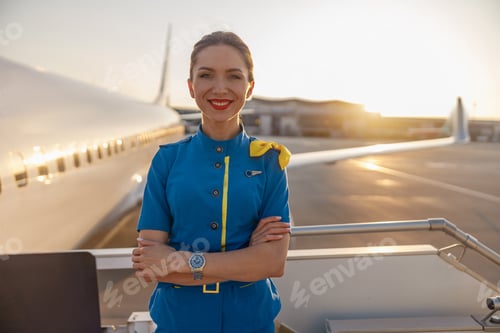 Preview: Portrait of beautiful air stewardess with red lips in blue uniform smiling at camera