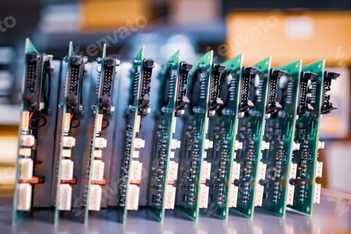 Preview: Close-up electric green embedded microcircuits in production