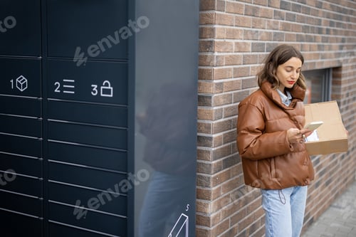 Preview: Caucasian woman with parcel near post terminal