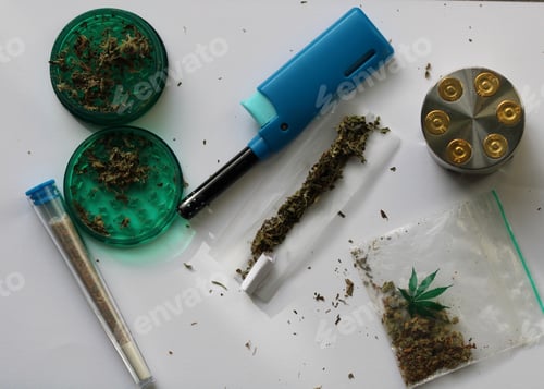 Preview: Cannabis, Joint, and Lighter on White Background