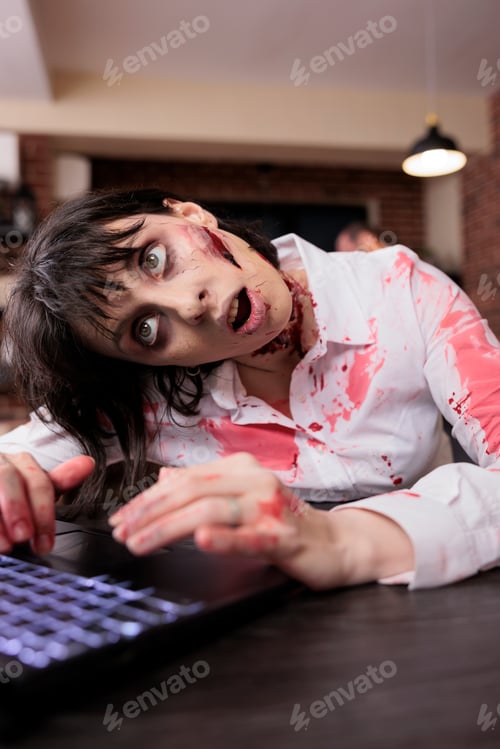 Preview: Tired businesswoman sending emails on laptop, feeling like zombie concept
