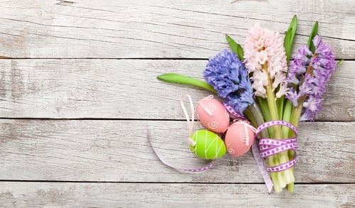 Preview: Easter greeting card with easter eggs and hyacinth flowers