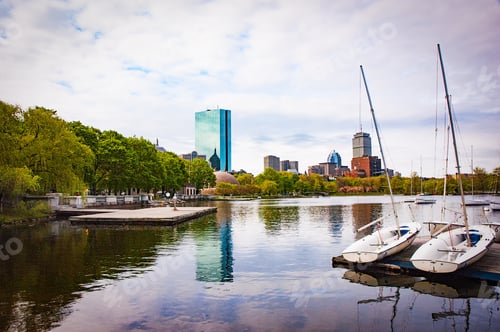 Preview: Port near a lake in New York city under the clear sky with buildings surrounding the port
